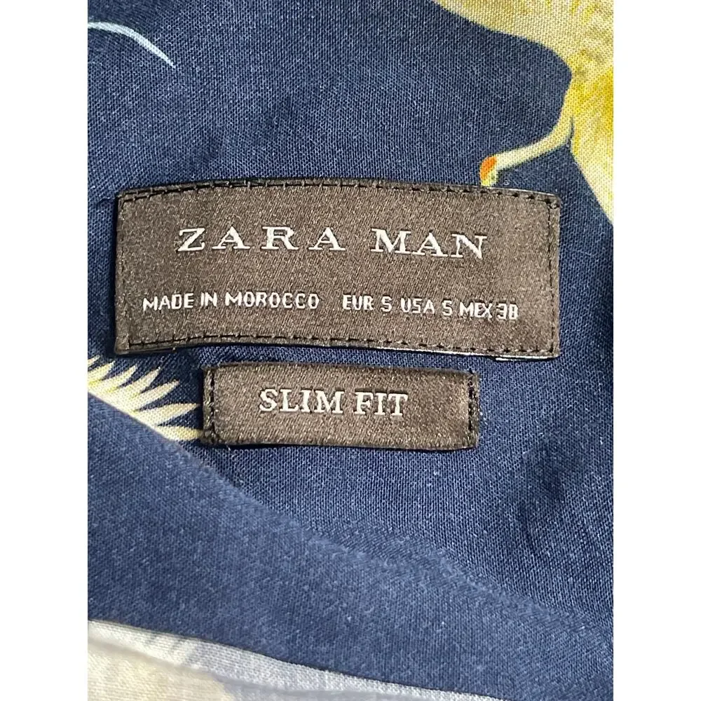 Zara Men's Blue Bird Graphic Long Sleeve Slim Fit Button Down Shirt Top Size S